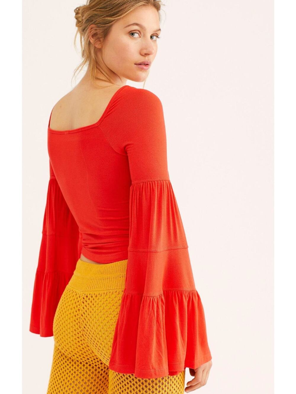 Free People Babetown Bell Sleeve Top Red Small
